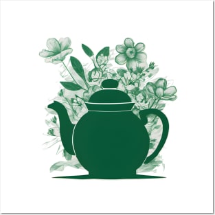 Pot of green Tea and Flowers Posters and Art